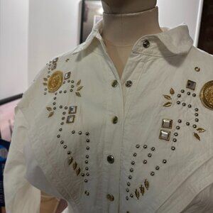 Vintage White Bejeweled Western Jumpsuit Studded Rhinestone 80s 90s